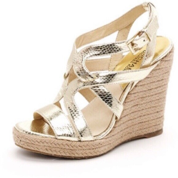 Michael Kors Palm Beach Gold Leather Snake Print Metallic Espadrille Wedge 9.5 - Picture 2 of 10